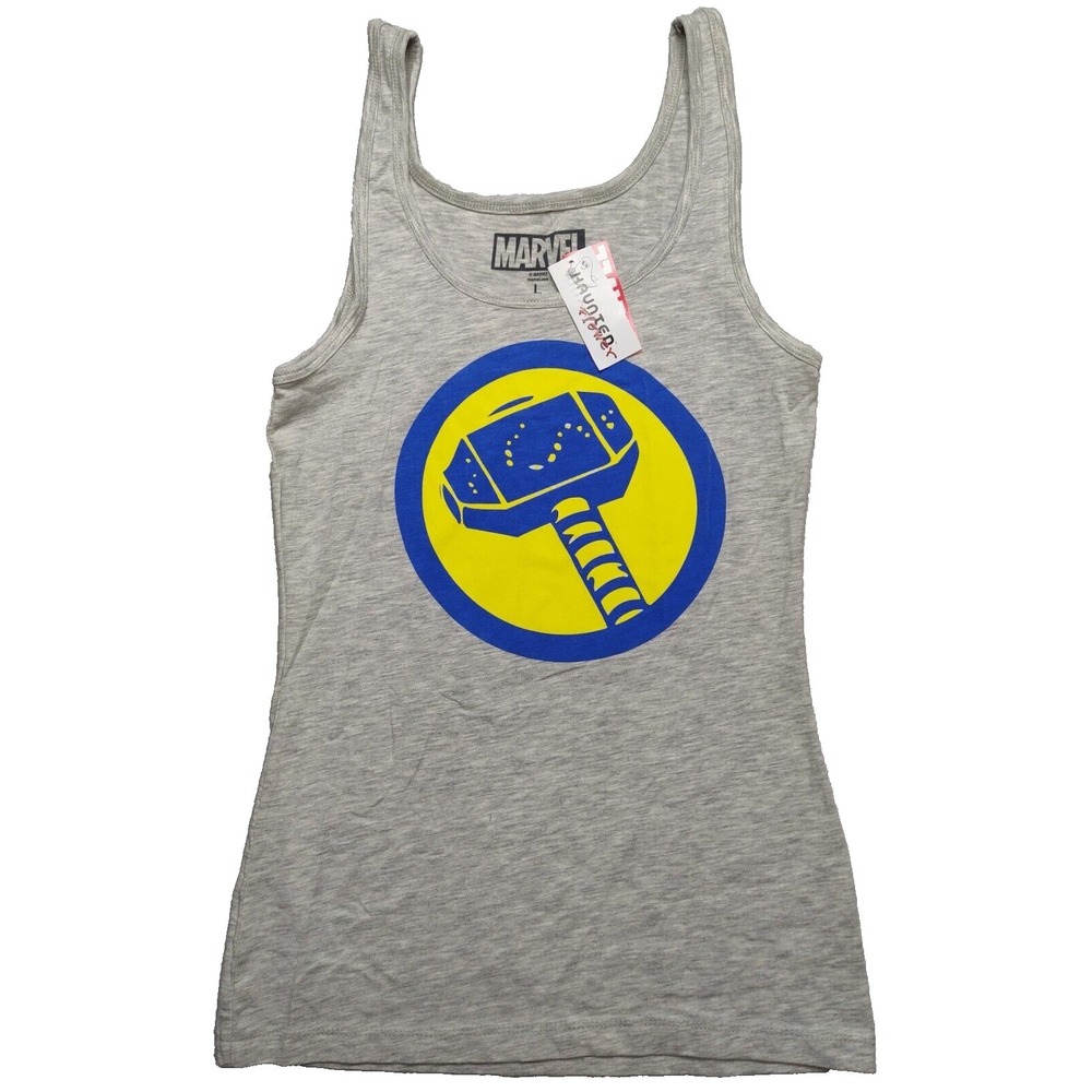 The Mighty THORS HAMMER Mjölnir MARVEL Juniors Large Heather Gray Tank Top NEW